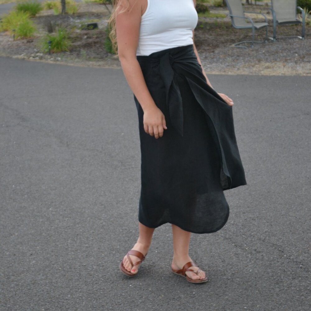 Women's Handmade Black Linen Wrap Skirt, M